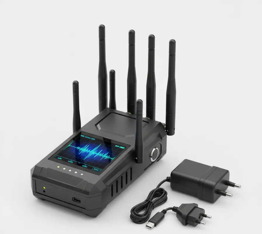 Detalle de un robusto jammer bloqueador de señal con seis antenas, mostrando la interfaz.